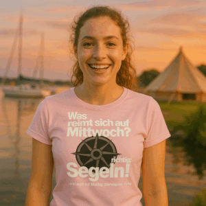 Segel T-Shirt für Damen mit Spruch: Was reimt sich auf Mittwoch, richtig segeln.