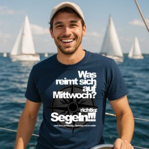 Herren T-Shirt für Segler mit lustrigem Spruch: Was reimt sich auf Mittwoch, richtig Segeln!!!